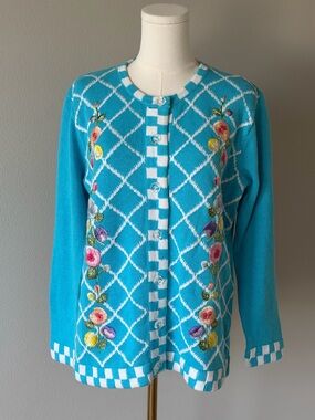 VNTG Storybook Knits Floral Embroidery Cardigan - NWT M Blue Lattice Cottagecore